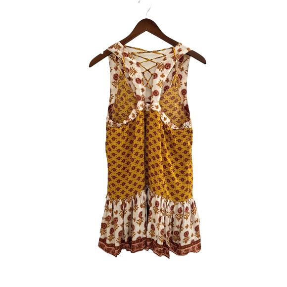 Baevely Large MUSTARD PATTERN TIE BACK MINI DRESS Boho Cottage Bohemian Sexy L - Picture 8 of 8